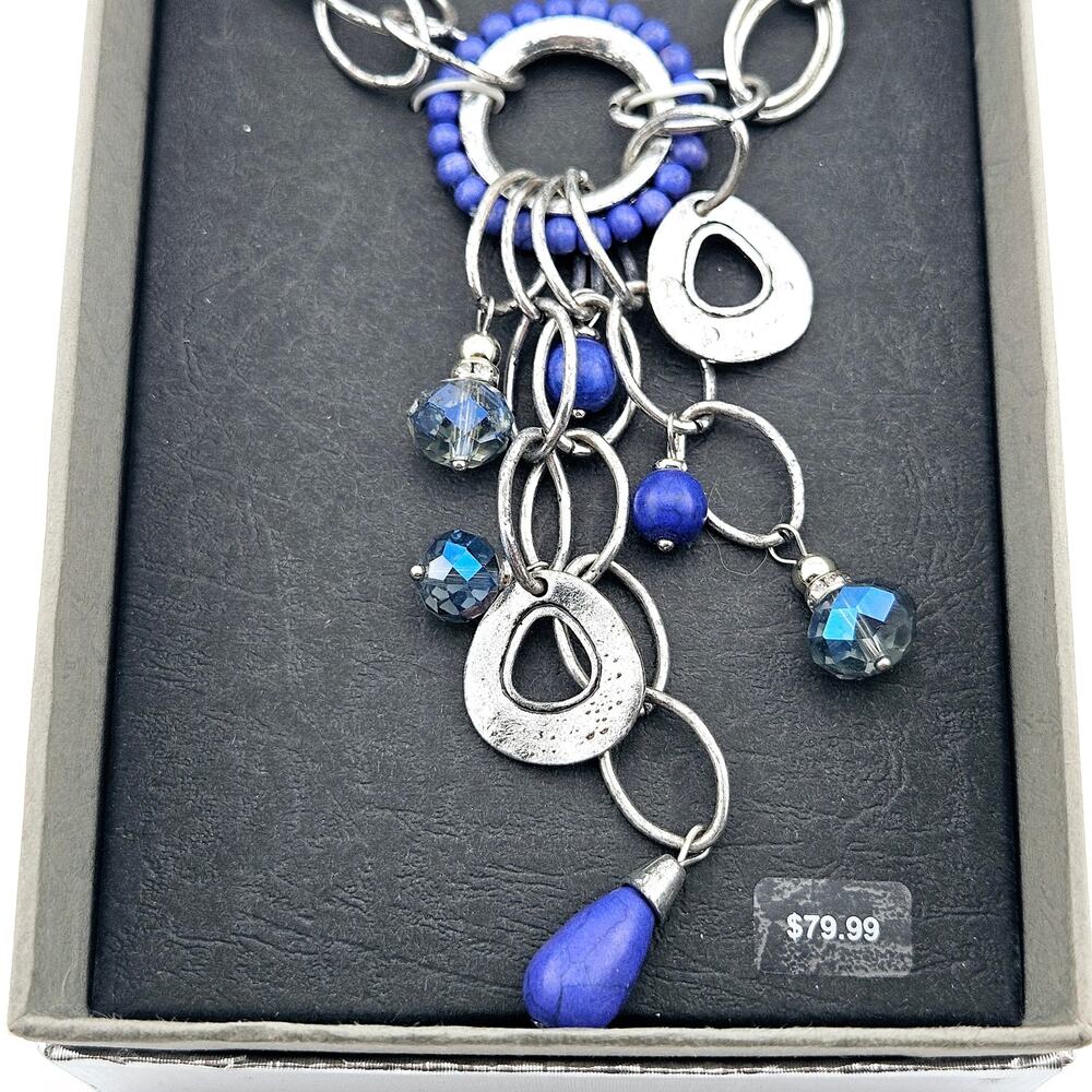 Cry Drop Dangle Statement Chain Necklace Blue Bea… - image 3